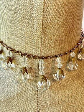Vintage Art Deco Necklace, Faceted Crystal Drops, Choker, Gold Tone, 1930s